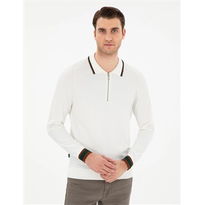 Ekru Slim Fit Zippered polo yaka sipe Смешанный вязаный свитер