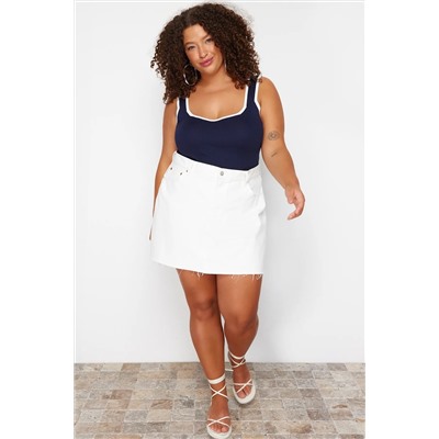 Темно -синяя линия детальная квадратная воротника Bodycon Блузка TBBSS24AF00052