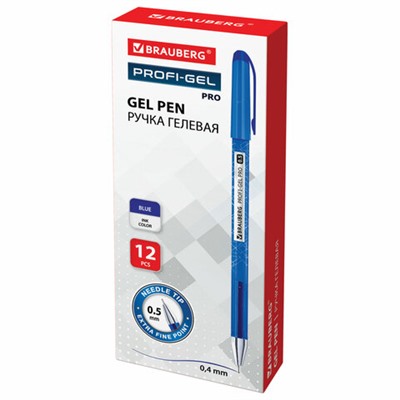 Ручка гелевая BRAUBERG "Profi-Gel PRO", СИНЯЯ, линия письма 0,4 мм, игольчатый наконечник 0,5 мм, печать на корпусе, 144125
