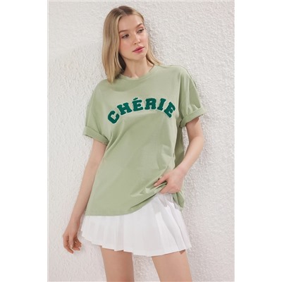 Mint 100 %хлопок негабаритный/широкий лозунг вышивка, вязаная футболка Twoss25ts00161