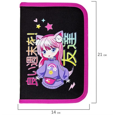 Пенал BRAUBERG, 1 отделение, 1 откидная планка, полиэстер, 21х14 см, "Anime girl", 272323