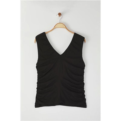 Черный v -v -neck Shirred 100 %хлопковой вяза