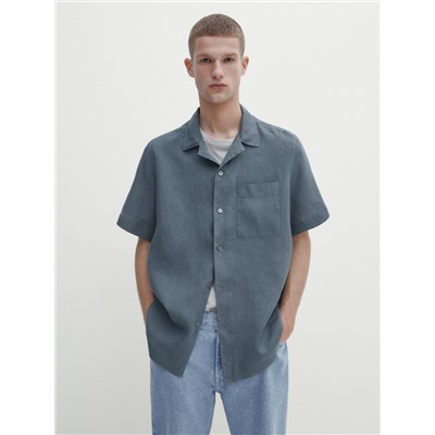 Camisa lino manga corta slim fit