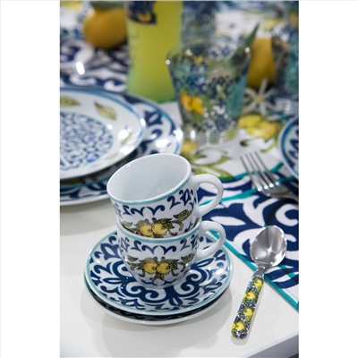 Juego de 6 tazas de café con plato Amalfi - blanco, azul y amarillo - porcelana - 90 ml