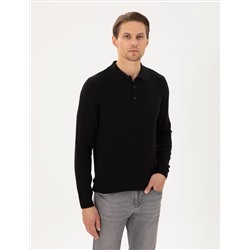 Black Slim Fit Polo yaka Basic Knitwear Kazakh