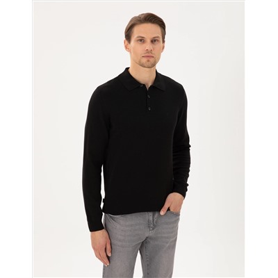 Black Slim Fit Polo yaka Basic Knitwear Kazakh