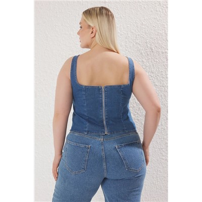 Blue Square Corm Strap Denim Blough Size Blouse TBBSS25AF00103