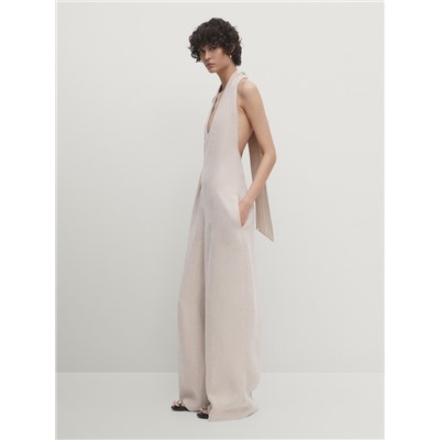 Linen blend halter jumpsuit