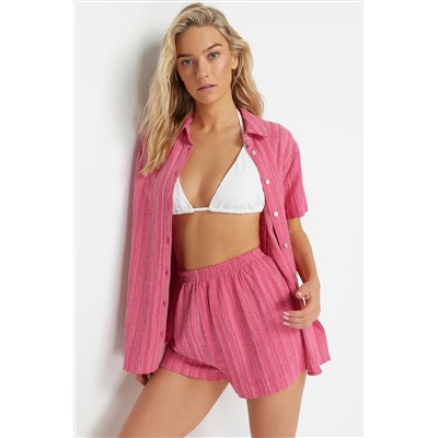 Fuchsia Woven Linen Linen Mixed Shirt Short Beach Set Tbess23au00054