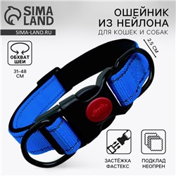 Ошейник с подкладом из нейлона с фастексом 2,5 см, ОШ 31-48 см, синий