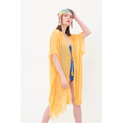 Женское длинное хлопковое кимоно горчичного цвета, парео Pr11200