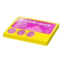 Блок с липким краем бумажный 75х50 мм, ErichKrause "Neon", 100 листов, желтый