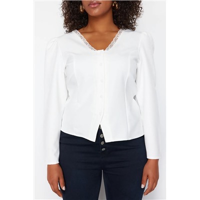 Белое кружево v -neck кнопка большого размера тканая блузка tbbss24af00091