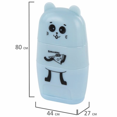 Точилка с ластиком 2 в 1 BRAUBERG KIDS "Зверушки", 2 отверстия, дизайн ассорти, 271989