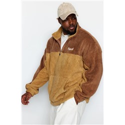 Camel Unisex Большой размер негабаритный/широкий цветовой блок, вышитая плюшевая толстовка Tmnaw24ao00015