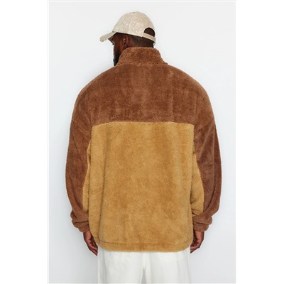 Camel Unisex Большой размер негабаритный/широкий цветовой блок, вышитая плюшевая толстовка Tmnaw24ao00015