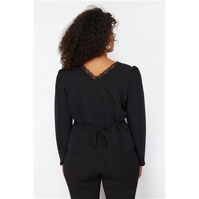 Черное кружево v -neck кнопка большого размера тканая блузка TBBSS24AF00091