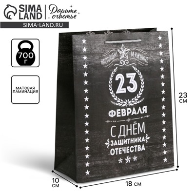 Пакет подарочный ламинированный вертикальный, упаковка, «С 23 февраля», MS 18 х 23 х 10 см