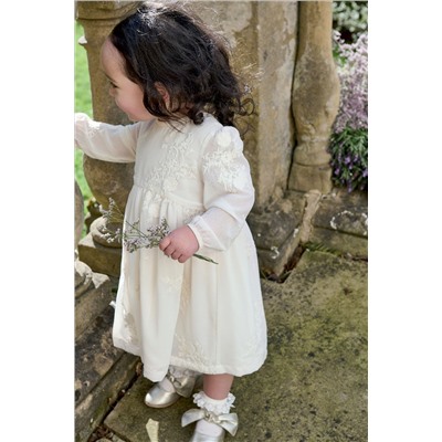 Mamas & Papas Cream Long Sleeve Embroidered Dress