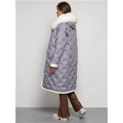 Пальто утепленное с капюшоном зимнее женское серого цвета 132290Sr