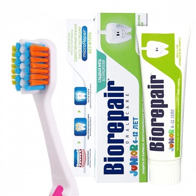 Набор Biorepair (от 6 до 12 лет): Зубная щетка CURVE Junior Medium Soft + Зубная паста Junior со вкусом мяты, 75 мл