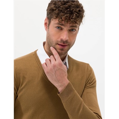 Camel Melange Slim Fit V-образный свитер с V-образным вырезом Базовый трикотажный