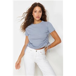 Серый 100 %хлопковой велосипедный воротник Shirred Basic вязание футболка Twoss21ts0131