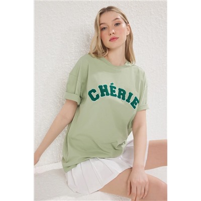 Mint 100 %хлопок негабаритный/широкий лозунг вышивка, вязаная футболка Twoss25ts00161
