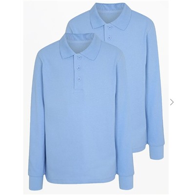 Light Blue Regular Fit Long Sleeve School Polo Shirts 2 Pack