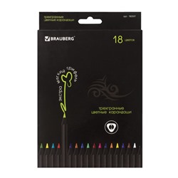 Карандаши цветные BRAUBERG "Black Jack", 18 цветов, трехгранные, грифель 3 мм, черное дерево, 180597