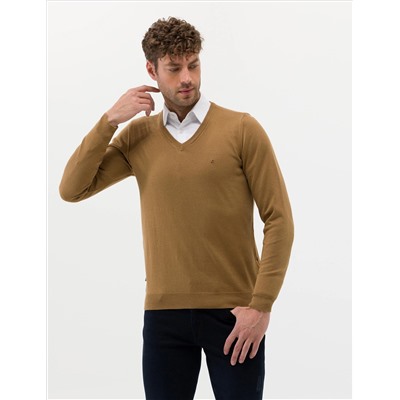 Camel Melange Slim Fit V-образный свитер с V-образным вырезом Базовый трикотажный