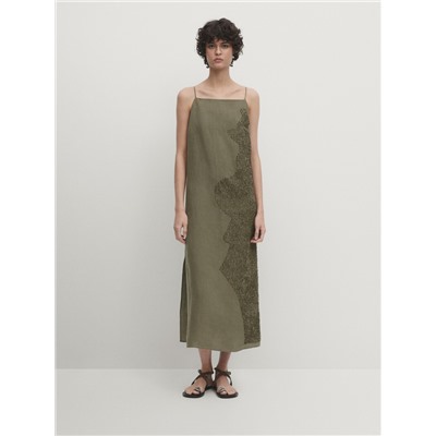 Linen blend midi dress with embroidery detail
