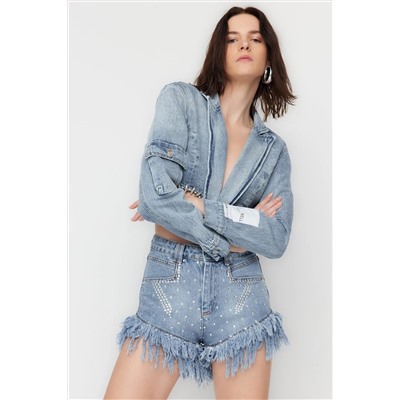 X Sagaza Studio Blue Stone Printed Denim Shorts tclss23sr00000