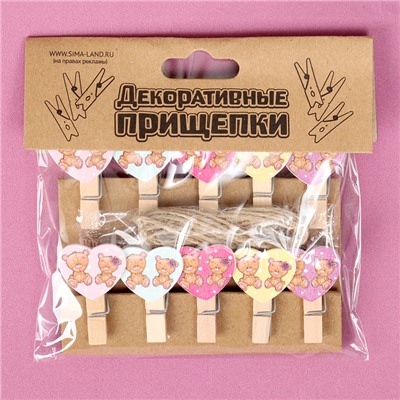 Прищепки декоративные с верёвкой для подвеса «Сердечки» набор 10 шт., 2,5 × 12,5 × 13,5 см