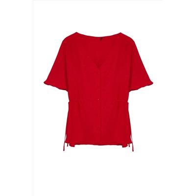 Красное плетение v -neck - -связывающая блузка TBBSS22BZ0753