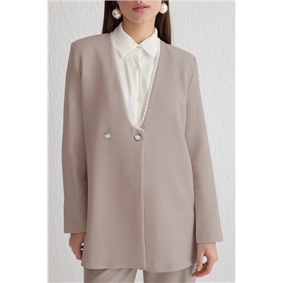 Beige Pearl Detail Jacket-Pantolone Плетена