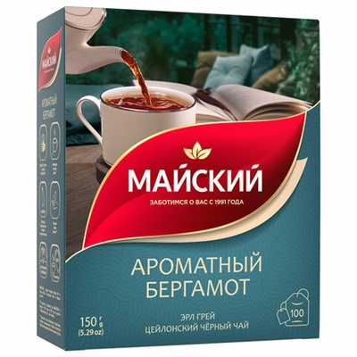 Чай МАЙСКИЙ "Ароматный бергамот" черный цейлонский байховый, 100 пакетиков по 1,5 г, 102627