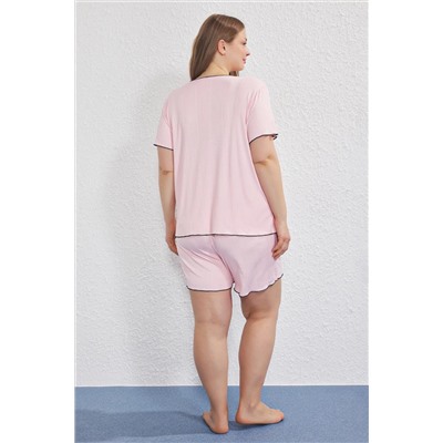 Pink V -NECK RIBBON/BOW DETHALL DETATION DITTION PAJAME SET TBBSS25AI00116