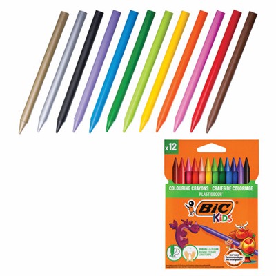 Мелки пластиковые BIC "Plastidecor", 12 цветов, ультрапрочные, круглые, картонная упаковка, подвес, 945764