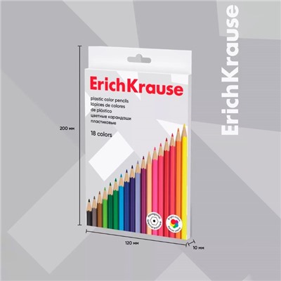 Карандаши 18 цветов ErichKrause, пластик, шестигранные, мягкий 2.6 мм грифель, картонная упаковка, легкая заточка, европодвес