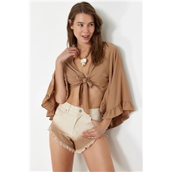 Ekru Degrade Patchered Denim Tassel Denim 100 %Cotton Beach Short TBESS24SR00004