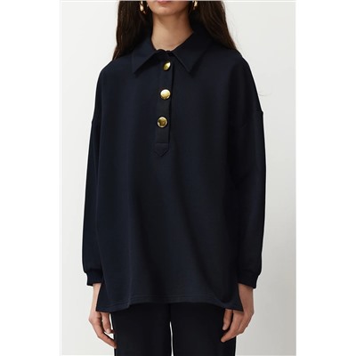 Черный негабаритный Polo Yaka Gold Button подробный вязание STET TCTSS24US00057
