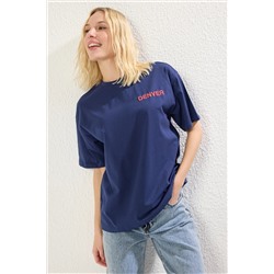 Navy Blue Premium 100 %хлопок обратно и предварительно напечатанный негабаритный/широкий вязание плесени Twoss25ts00071