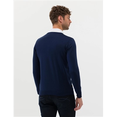 Открытый темно -синий Slim Fit V Neck Basic вязаной свитер