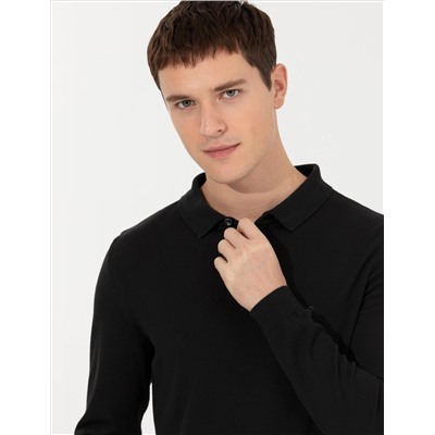 Black Slim Fit Polo yaka Basic Knitwear Kazakh