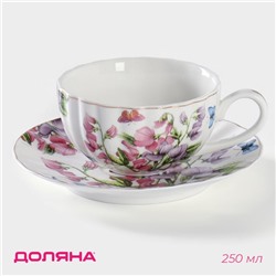 Чайная пара Доляна «Колокольчики», чашка 250 мл, блюдце d=15 см, керамика, белая