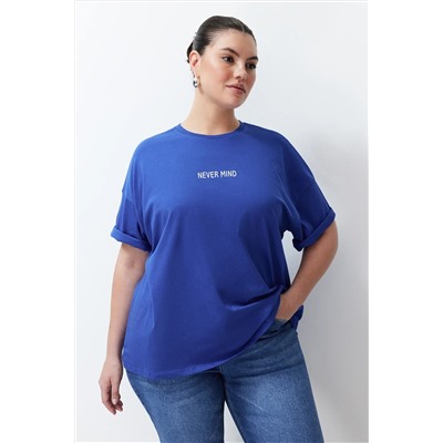 Saks Slogan Printed Overiz 100 %хлопковая вязание футболка с большим размером TBBSS24BF00018