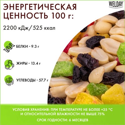 Орехи и сухофрукты WELDAY (ВЭЛДЭЙ) "Смесь студенческая", арахис, цукаты, изюм, 1 кг, 622482