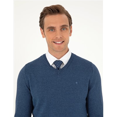 Indigo melanj Slim Fit v Neck Basic вязаный свитер