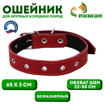 Ошейник кожаный на синтепоне, безразмерный, 65 х 3 см, ОШ 22-55 см, красный